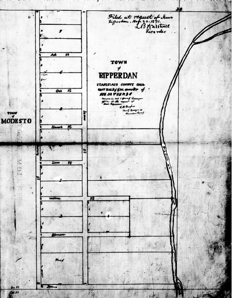 1871 survey map of the Town of Ripperdan, California (Stanislaus County)