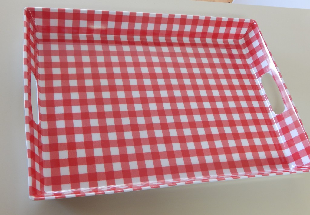 Plastic serving tray about 18x13x2 inches with hand-hold slots in each end. [IMG]